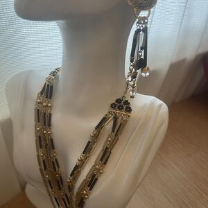 Artisan boho style multi strand Black and Gold beaded Necklace and Earrings Set